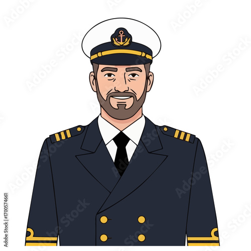 Vector portrait of a smiling ship captain character, a friendly bearded seaman in his professional naval uniform and hat