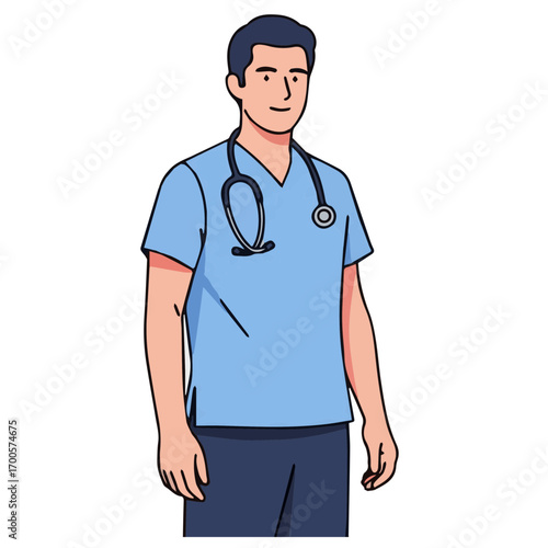 Cartoon illustration of a young male doctor in blue scrubs with a stethoscope, representing the medical profession and healthcare