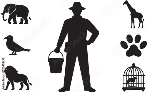 Silhouette of a Zookeeper with Animals on a Transparent Background for Conservation