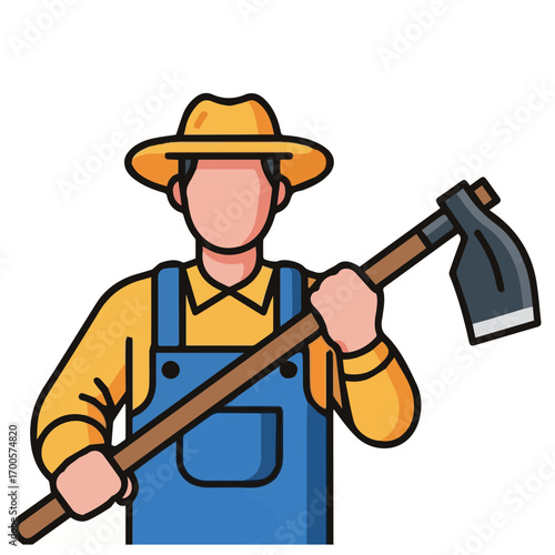 Cartoon illustration of a male farmer in a straw hat and overalls, holding a hoe for gardening and agricultural work
