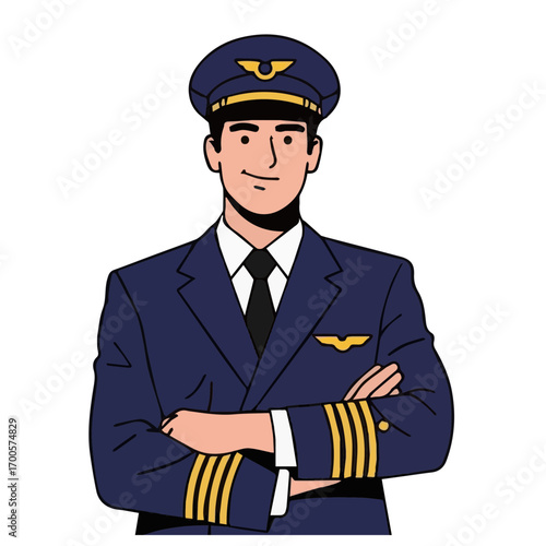 Confident airline pilot in uniform with arms crossed. Professional aviator captain character vector illustration isolated on white background