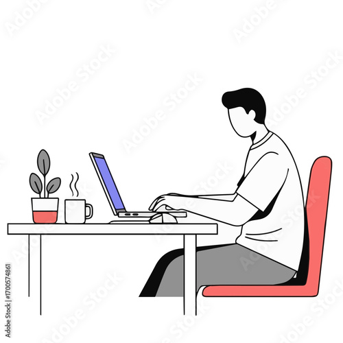 Minimalist line art illustration of a man working on a laptop computer at a desk, concept of remote work and freelancing