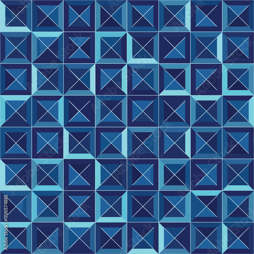 Geometric pattern of blue squares with crossing lines creating a modern design, patern seamless, Stock royalty.