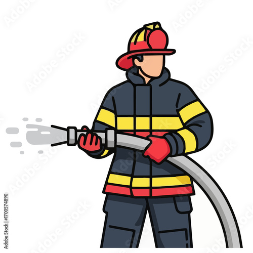 Cartoon firefighter hero in uniform holding a powerful water hose. First responder and public safety service concept illustration