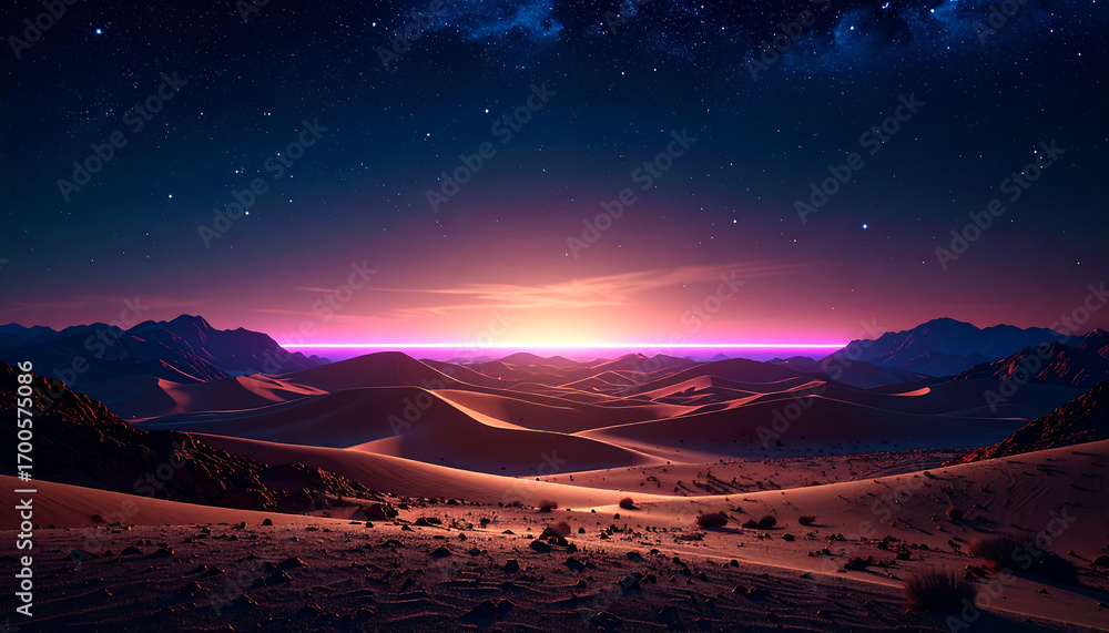 Obraz premium A serene desert landscape at night, with a vibrant celestial glow over sand dunes and mountains under a breathtaking starry sky