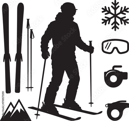 Skiing Silhouette Collection Winter Sports Equipment Skier Snowflake Mountain Goggles