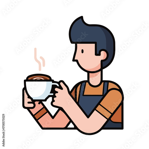 A vector illustration of a friendly male barista wearing an apron and professionally serving a hot cup of coffee with detailed latte art