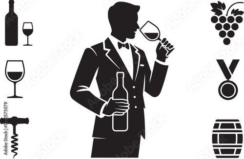 Sommelier Silhouette Tasting Beverage with Bottle, Glass, Grapes, Corkscrew and Barrel Icons