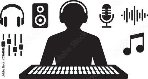 Sound Engineer Silhouette with Headphones, Mixer, Speaker, Microphone and Notes Icons