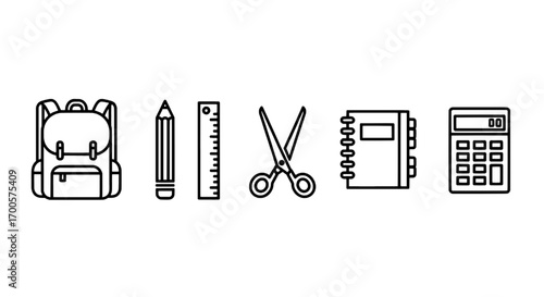 School Supplies Line Icons Backpack, Pencil, Ruler, Scissors, Notebook, Calculator