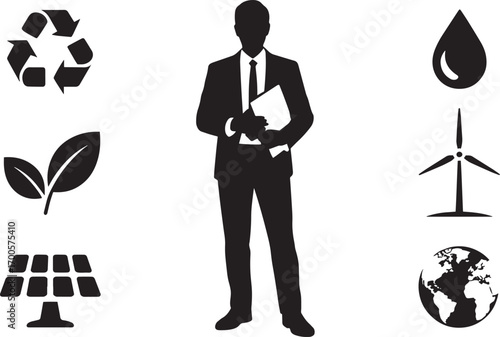 Sustainability Manager Silhouette with Eco Icons on Transparent Background for Green