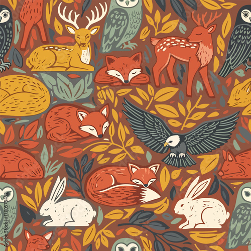 Forest Animals Vector Pattern with Deer, Fox, Eagle, Hare and Owl Illustration, patern seamless, Stock royalty image.