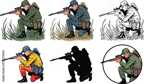 Tactical Sniper Soldier Vector Illustration set	
