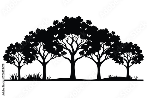 Silhouetted Landscape Five Trees with Dense Foliage and Grass, Black Against a Clear Background