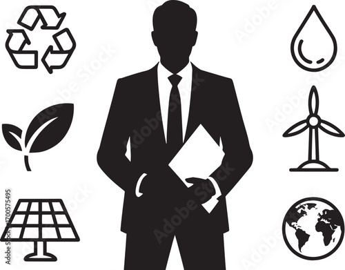 Sustainability Manager Silhouette with Eco Icons on Transparent Background for Green