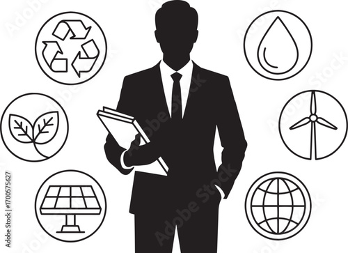 Sustainable Business Leader Silhouette with Environmental Icons on Transparent Backdrop