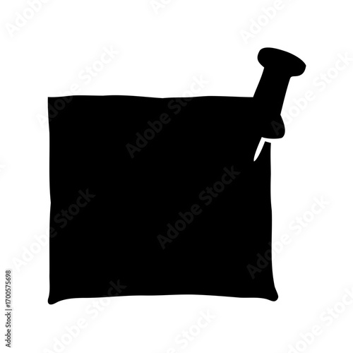Black silhouette of a note pinned to a board with a pushpin fastener