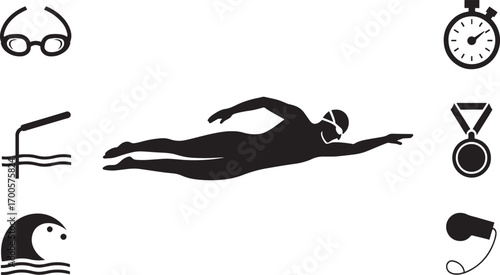 Swimmer Silhouette with Swimming Icons on Transparent Background for Sports Design