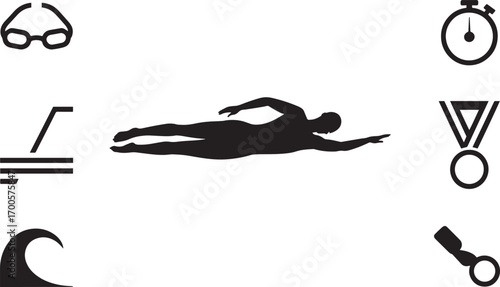 Swimmer Silhouette with Swimming Icons on Transparent Background for Sports Design