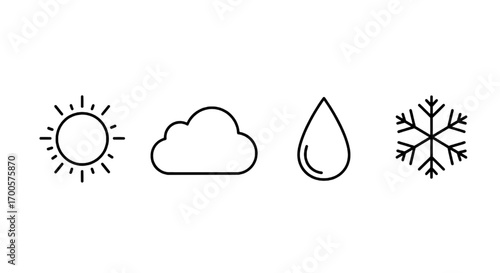 Weather Line Icons Sun, Cloud, Raindrop, Snowflake Representing Climate Conditions