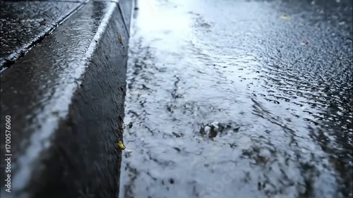 Wet City Sidewalk and Curb after Rain