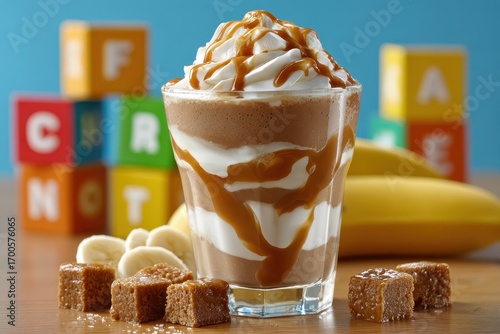 A delicious chocolate banana caramel smoothie with whipped cream on a wooden table, featuring colorful children's blocks and chunks of caramel candy.