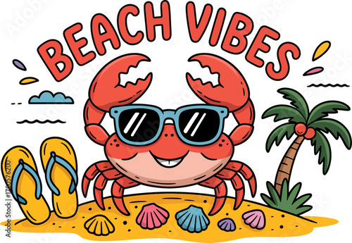 Cute cartoon crab wearing sunglasses on a beach with palm tree and flip flops, beach vibes text