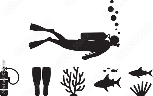 Underwater Adventure Silhouette A Diver Exploring the Depths with Marine Life and Coral Reefs