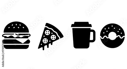 Fast Food Icons Burger, Pizza Slice, Coffee, and Donut Outline