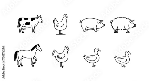 Collection of Farm Animal Icons Cow, Chicken, Pig, Sheep, Horse, Duck in Black Outline