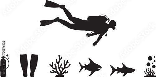Underwater Adventure Silhouette A Diver's Paradise with Marine Life and Coral Reef Elements