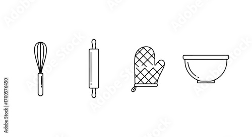 Cooking Tools Whisk, Rolling Pin, Oven Mitt, and Bowl Icons