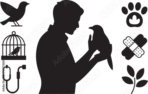Veterinarian Silhouette with Bird, Cage, Stethoscope, Paw Print, Bandage on Transparent Backdrop