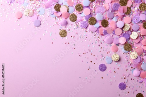 Pastel confetti scattered on a light purple background