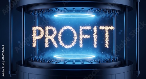 A high-tech incubator generating the concept of profit, represented by glowing digital particles