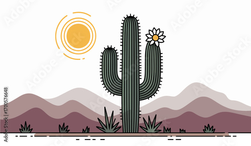 Saguaro cactus with blooming flowers in the desert at sunset with mountains in the background