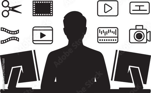 Video Editor at Work with Editing Tools on Transparent Background Vector Illustration