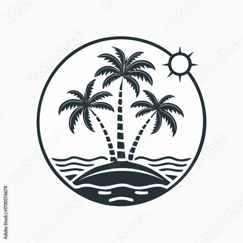 Island Paradise A Coastal Oasis in a Round Emblem, Featuring Palm Trees and the Sun