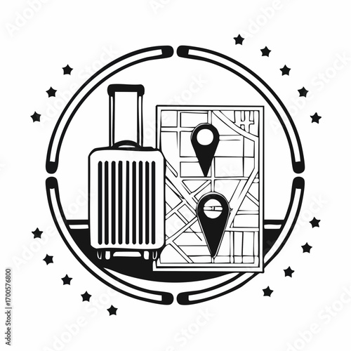Travel Journey Suitcase and Destination Map with Location Pin Icons