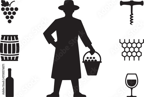 Vintner Silhouette with Wine Making Elements Grapes, Barrel, Bottle, Glass, Honeycomb
