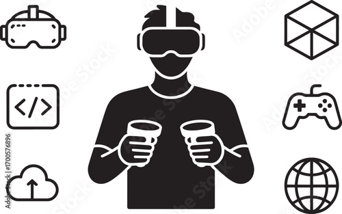 Virtual Reality User Silhouette with VR Headset Controllers Coding Globe Cloud Gaming