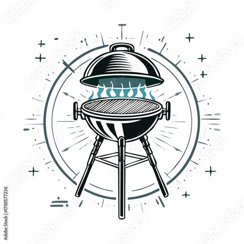Classic barbecue grill illustration with an open lid and hot flames. A vintage emblem concept for a summer cookout or outdoor food festival