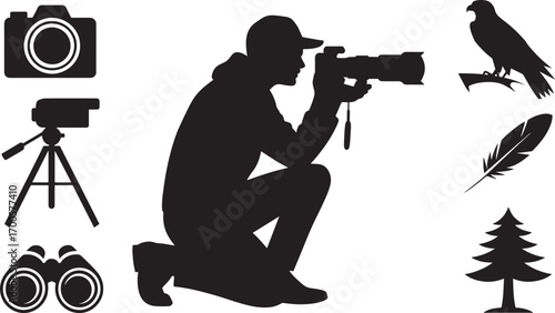 Wildlife Photographer Silhouette with Camera, Tripod, Binoculars, and Bird Icons on Clear View
