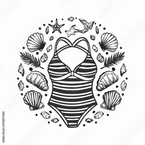 Hand-drawn circular composition of summer beach essentials, featuring a vintage striped swimsuit surrounded by seashells and starfish
