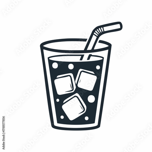 A simple black and white line art icon depicting a refreshing cold beverage. The glass is filled with a fizzy drink, ice cubes, and a straw, symbolizing refreshment