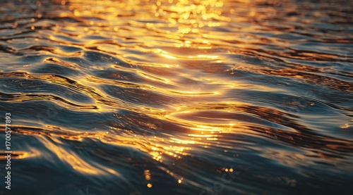 Golden sunset reflecting on rippling water. Close-up view of water surface, illuminated by warm sunlight