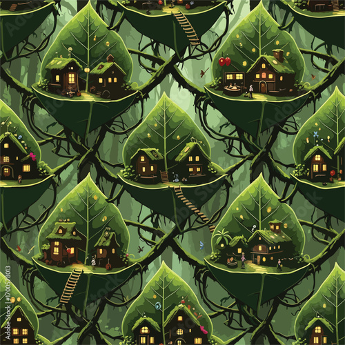 Enchanting leaf houses in a lush forest canopy seamless pattern illustration, seamless pattern, Stock royalty image.