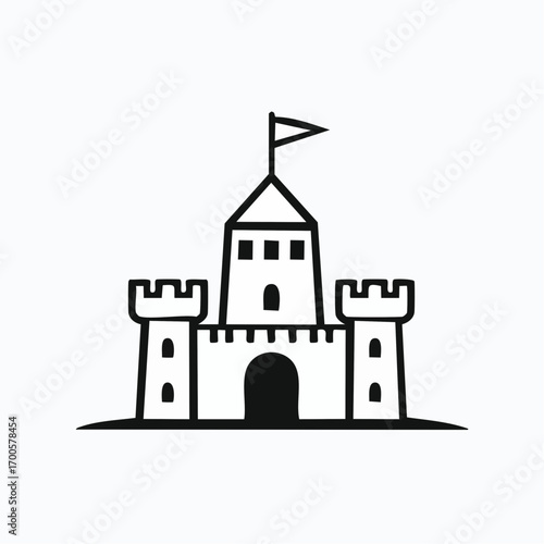 Simple line art icon of a medieval castle with towers and flag, a minimalist symbol of history, security, and fantasy