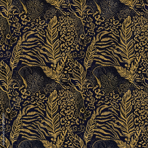 Elegant pattern featuring feathers, zebra stripes, and leopard spots in gold tones, patern seamless, Stock royalty image.