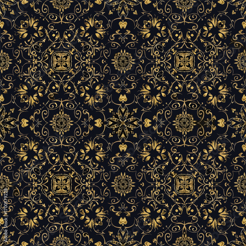 Elegant golden floral pattern on dark background for sophisticated design projects, seamless pattern, royalty stock.